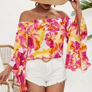 Boutique Floral Off-Shoulder Bell Sleeve Top | Pink Yellow | NWT | Large